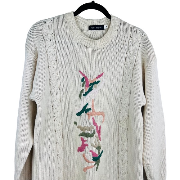 Vintage Kofi Wear Cream Knit Embroidered Crew-Neck Long sweater Dress - Picture 4 of 13